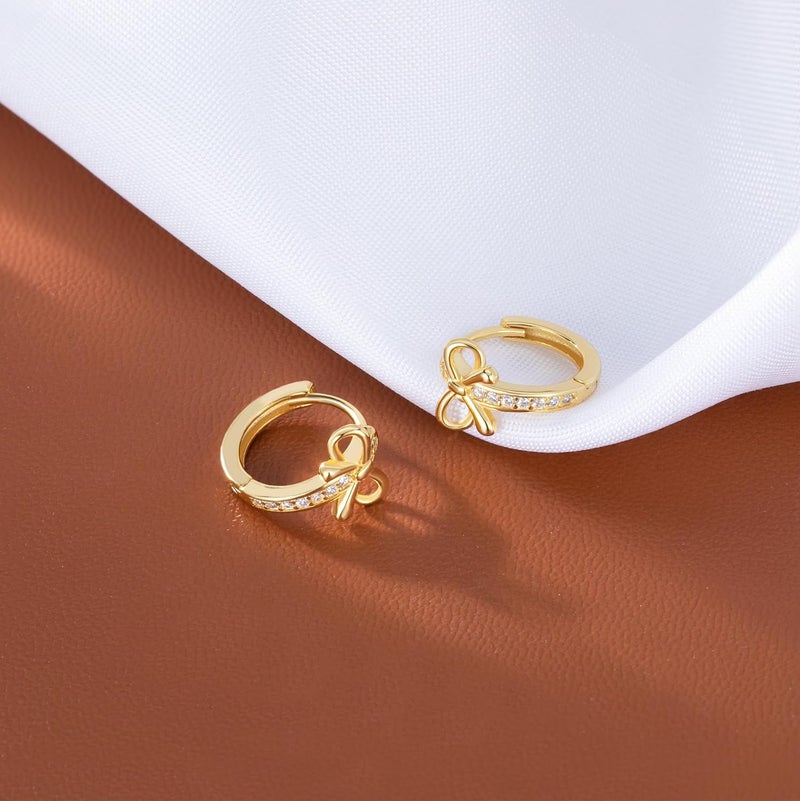 Reffeer Solid 925 Sterling Silver CZ Bow Hoop Earrings Ribbon for Women Teen Girls Bowknot Hoop Earrings Huggie - Image 3